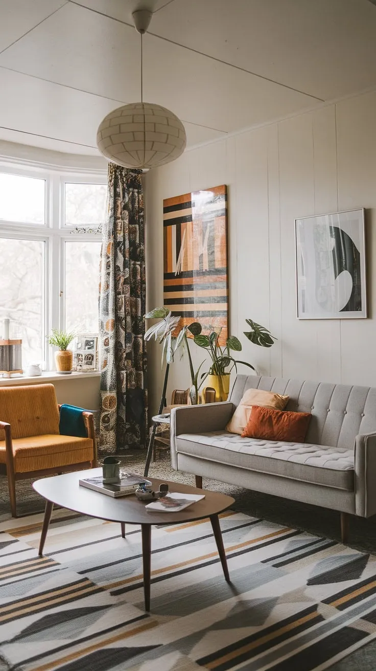 A mid-century modern family room, effortlessly blending Scandinavian minimalism with retro flair. The grey sofa anchors the space, complemented by a contemporary coffee table and thoughtfully chosen accents. This room is a haven of calm and sophistication, a perfect example of how classic design can feel eternally fresh.