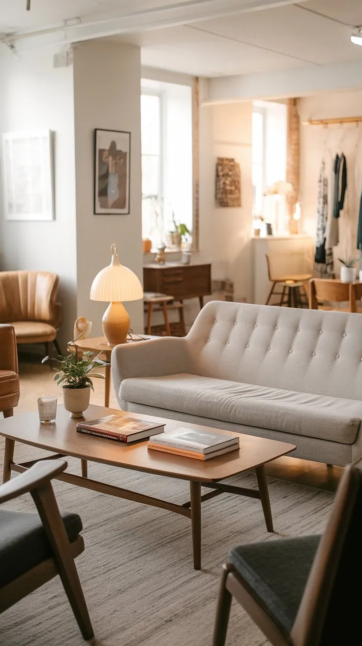 Bathed in the soft glow of the setting sun, this mid-century Scandinavian living room exudes a sense of calm. The grey couch, wooden coffee table, and carefully curated details create a space that feels both inviting and effortlessly stylish. A perfect blend of form and function, it's a testament to the enduring appeal of minimalist design. A sanctuary for quiet contemplation and cherished moments.