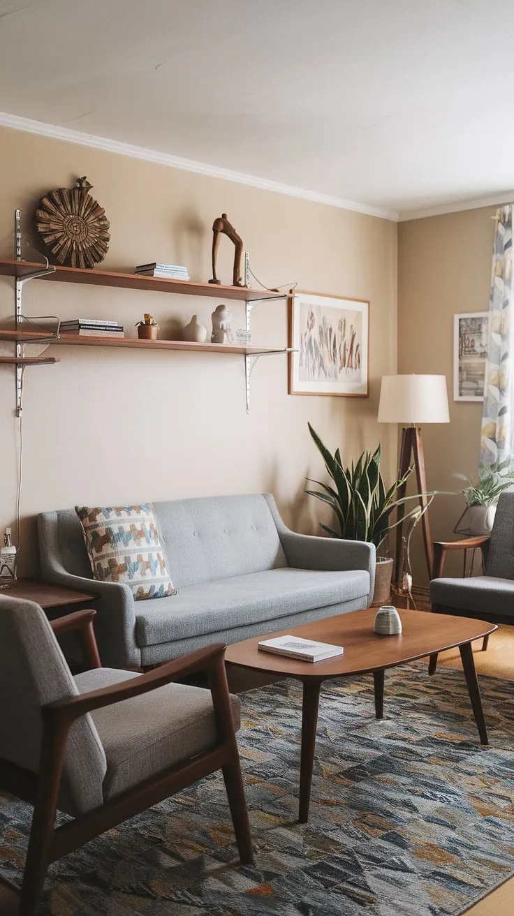 The muted greys and warm beige of this mid-century Scandinavian living room create a haven of calm. Natural light dances across the patterned rug, highlighting the simple elegance of the furniture and the carefully curated details on the wooden shelf above the sofa. A perfect blend of form and function, this space embodies understated sophistication. A sense of tranquility pervades every corner.