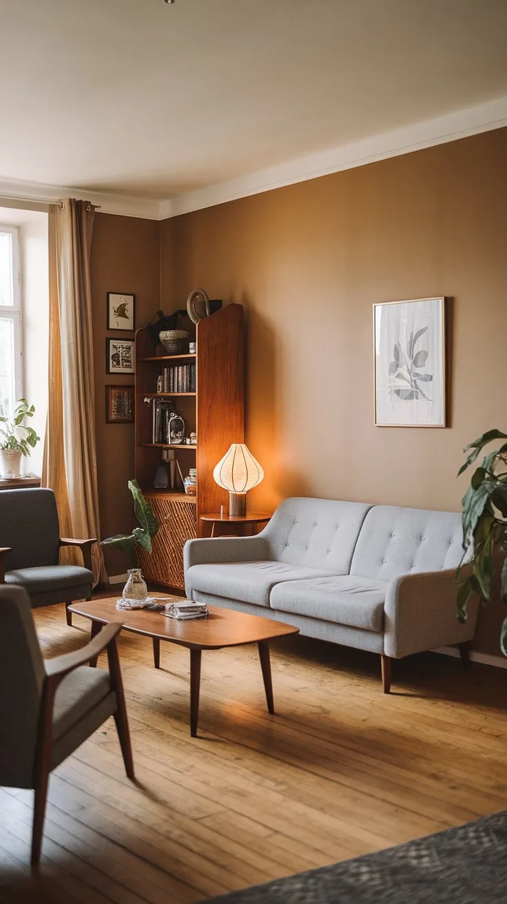 Warm beige walls and the soft glow of a lamp create a haven of calm in this mid-century Scandinavian living room. The grey couch invites you to sink in, while the wooden coffee table and carefully chosen accessories, including a thriving plant, complete the effortlessly stylish and cozy atmosphere. A perfect example of understated elegance.