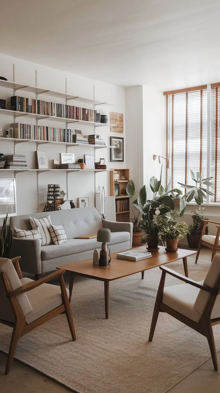 This mid-century Scandinavian living room is a masterclass in understated sophistication. The neutral palette, punctuated by the warmth of the wood and the greenery of the potted plants, creates a serene atmosphere. Every a detail, from the books on the shelf to the lamp on the coffee table, contributes to the overall feeling of peaceful tranquility.