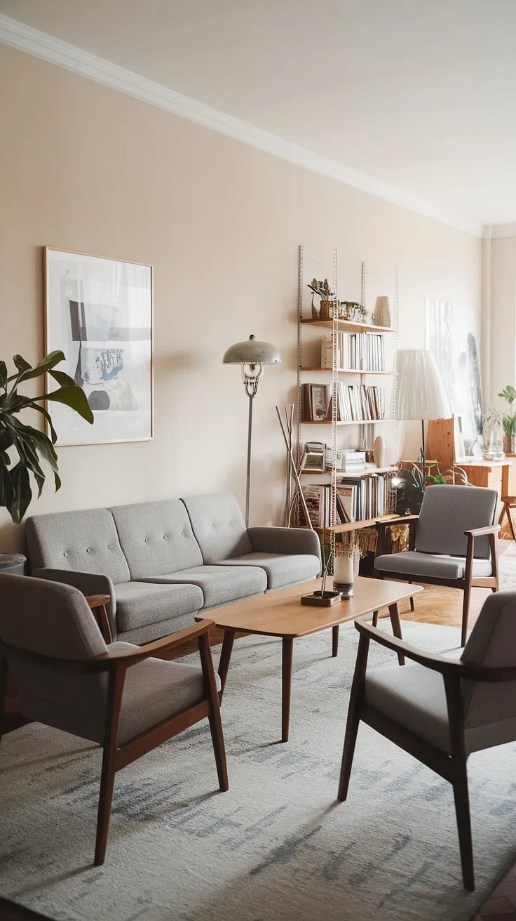 Sunlight streams into this serene Scandinavian living room, illuminating the mid-century modern furniture and creating a calming atmosphere. The grey sofa, wooden coffee table, and vintage lamp all contribute to the space's understated elegance, while the carefully curated artwork and bookshelf add personality. A touch of nature is introduced with the potted plant, completing this perfectly balanced and inviting a space.