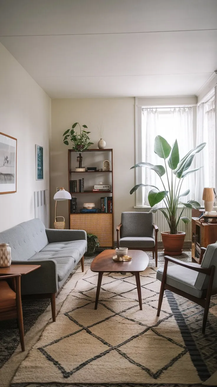 Sunlight streams through the window, illuminating the calm elegance of this mid-century Scandinavian bungalow living room. The grey sofa, wooden accents, and carefully curated details create a space that feels both effortlessly stylish and incredibly inviting. A sense of peaceful tranquility permeates the room, a testament to the power of simple, well-chosen design.