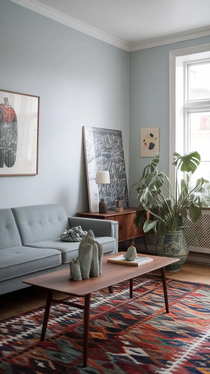 Soft blue walls and a grey sofa anchor this Scandinavian-inspired living room, where vintage details and modern lines blend seamlessly. The patterned rug adds a playful touch, while the green plant and carefully chosen art pieces bring life and personality to the space, creating a haven of understated elegance.