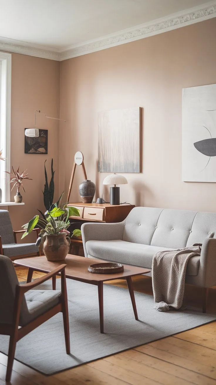 The soft beige walls and warm wood floors create a haven of calm in this mid-century Scandinavian living room. The grey sofa, a statement piece, invites relaxation, complemented by the simple elegance of the wooden coffee table and carefully chosen decorative accents. A touch of nature, courtesy of the potted plant, adds a vibrant element to this serene space. A sense of understated luxury permeates every detail.