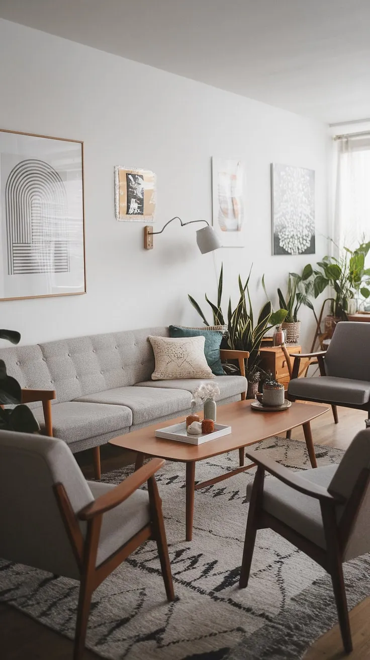 This mid-century Scandinavian living room embodies understated elegance. The grey couch, complemented by the warm wood of the coffee table and the soft glow of the lamp, creates a space that's both stylish and incredibly cozy. A perfect blend of form and function, it's a haven of calm and comfort.