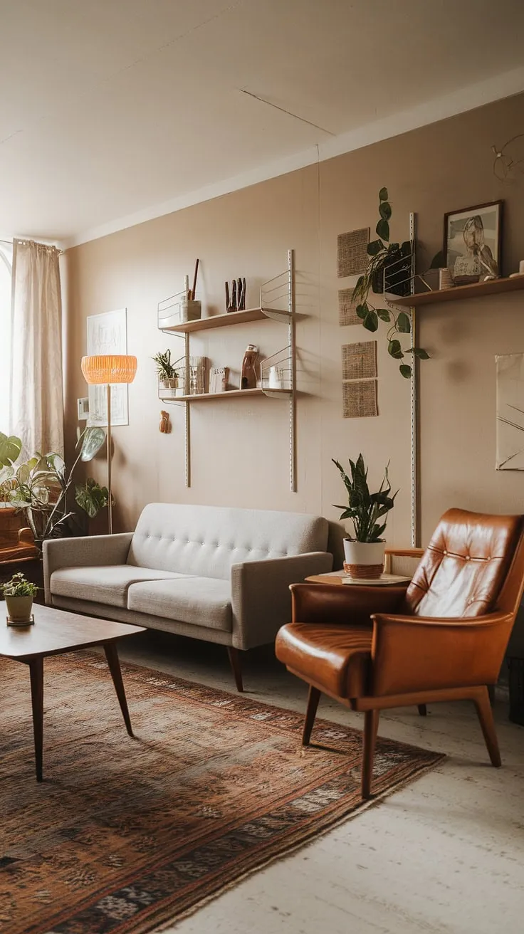 This Scandinavian-inspired living room is a testament to the enduring appeal of mid-century design. The neutral color palette, punctuated by the warmth of the wood and leather, creates a serene and inviting atmosphere. A haven of tranquility, this space effortlessly blends functionality with aesthetic beauty, showcasing the timeless elegance of simple, well-chosen pieces.