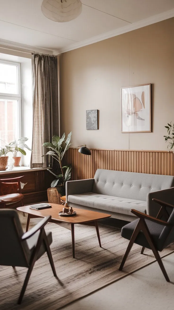 Mid-century modern meets Scandinavian simplicity in this cozy living room. The warm beige walls and wood paneling create a timeless backdrop for the grey sofa and carefully curated accessories, perfectly blending old and new. A touch of greenery adds life to the space, creating a tranquil and inviting atmosphere.