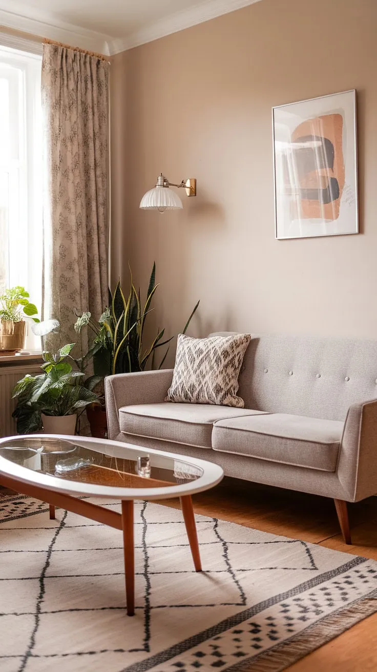Bathed in the soft glow of the wall-mounted lamp, this mid-century Scandinavian living room exudes a sense of calm and understated elegance. The grey sofa, adorned with a patterned throw pillow, invites you to sink in and relax, while the geometric rug and potted plants add pops of texture and life. The clean lines of the white coffee table with its wooden base complete the effortlessly chic aesthetic. A perfect example of how simple design can create a truly cozy atmosphere.
