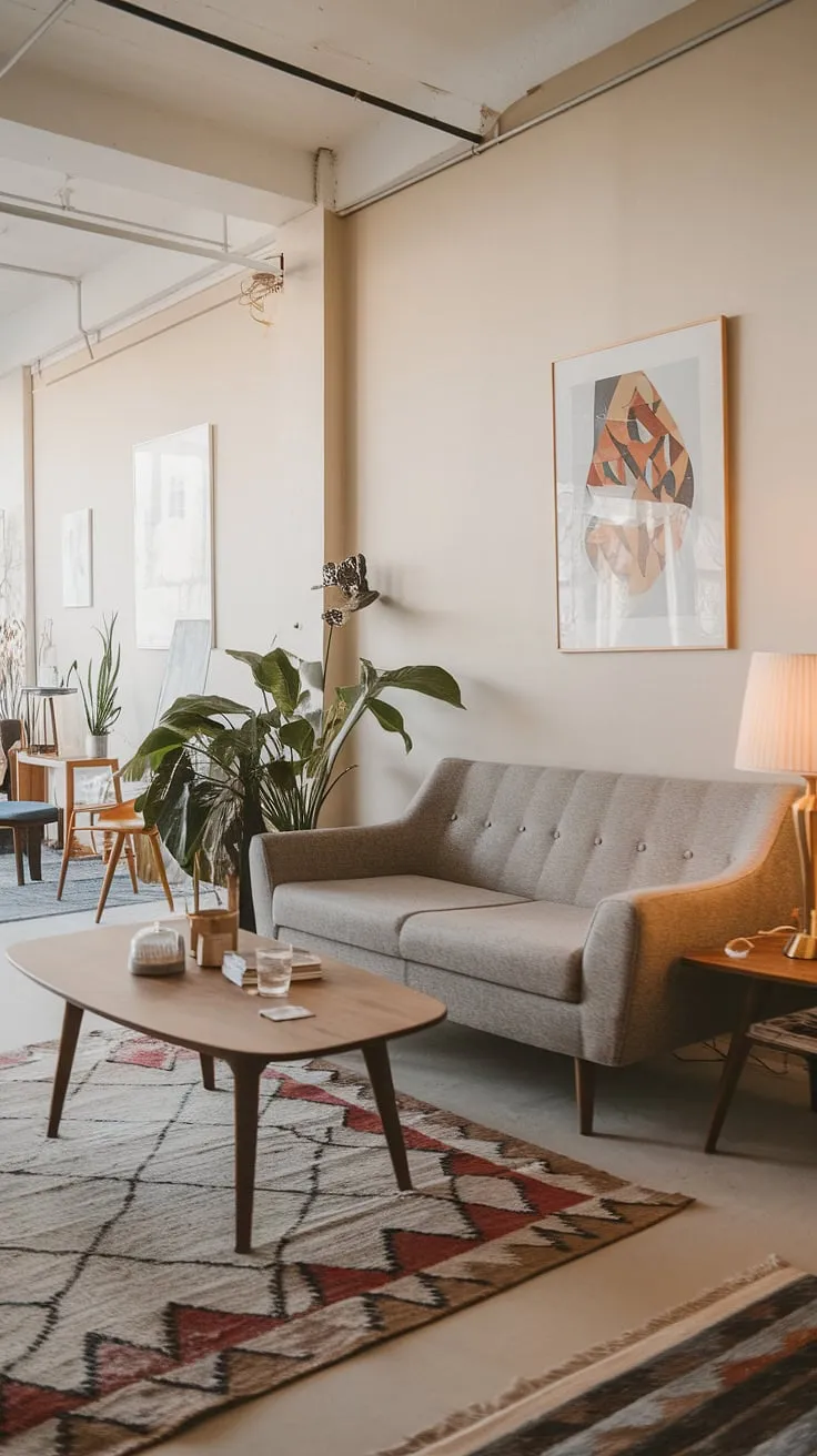 This mid-century Scandinavian living room is a masterclass in understated sophistication. The warm light, the grey sofa's soft texture, and the natural wood tones all contribute to a feeling of peaceful serenity. Every detail, from the artwork on the walls to the carefully placed plant, speaks to a considered approach to creating a truly beautiful and functional space.
