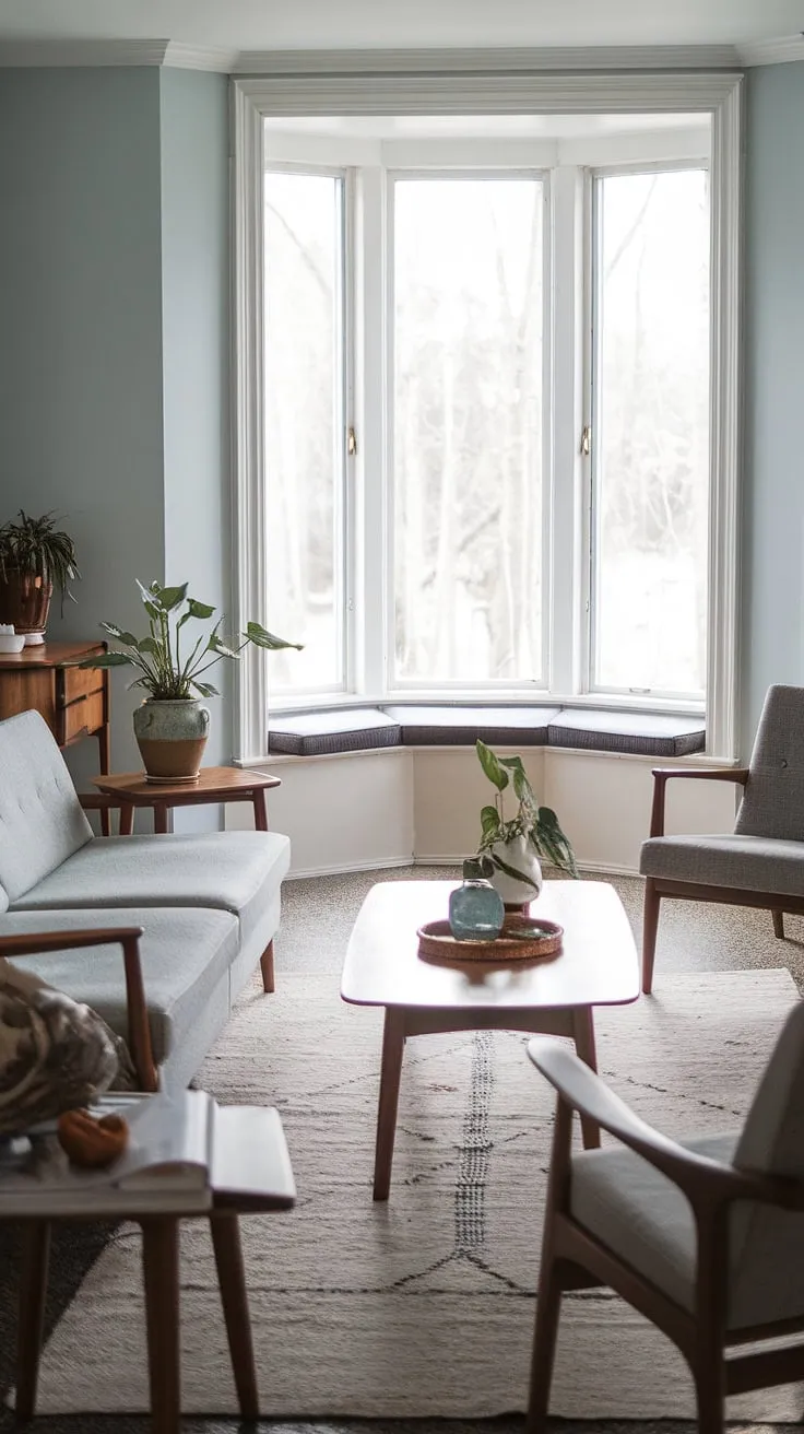 This Scandinavian-inspired living room is a masterclass in understated elegance. The pale blue walls, gray sofa, and rich wooden accents create a harmonious blend of textures and tones. A cozy bay window seat offers a perfect spot to relax and enjoy the view, while the carefully curated details, including a small potted plant, add a touch of personality to the space.