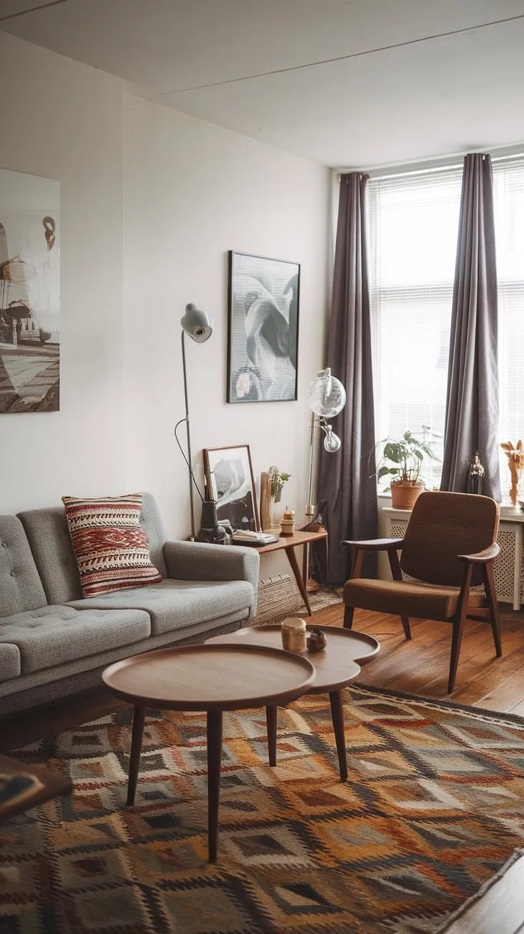Bathed in the warm glow of the afternoon sun, this mid-century Scandinavian living room exudes a sense of calm and understated elegance. The grey sofa, complemented by a patterned throw pillow and a beautifully crafted wooden coffee table, invites you to sink in and unwind. A curved armchair sits quietly in the corner, a testament to the room's thoughtful design. The patterned rug, floor lamp, and carefully chosen artwork complete the picture of serene comfort.