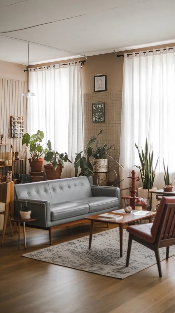 Mid-century modern meets minimalist calm. The grey sofa, a focal point in this Scandinavian-inspired living room, is perfectly complemented by the warm wood floors and pops of greenery. A curated collection of vintage and contemporary pieces creates a space that's both stylish and effortlessly inviting. A sense of understated elegance pervades every detail.