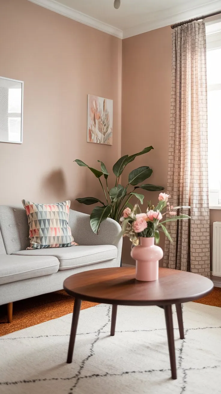 This thoughtfully curated Scandinavian living room effortlessly blends mid-century design with modern retro elements. The neutral palette is enlivened by a vibrant pink vase and lush greenery, creating a welcoming and stylish space that's both comfortable and sophisticated. The patterned throw pillow adds a playful touch to the grey sofa.