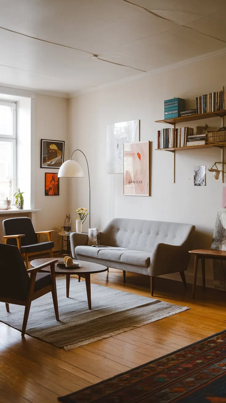 Mid-century modern meets contemporary cool in this eclectic living room. The grey sofa, dark accent chairs, and warm wood tones create a cozy atmosphere, perfectly complemented by the curated artwork and carefully chosen books. A touch of Scandinavian minimalism keeps the space feeling light and airy, while the round coffee table and floor lamp add a touch of playful retro charm. This is a space designed for comfortable living and thoughtful conversation.