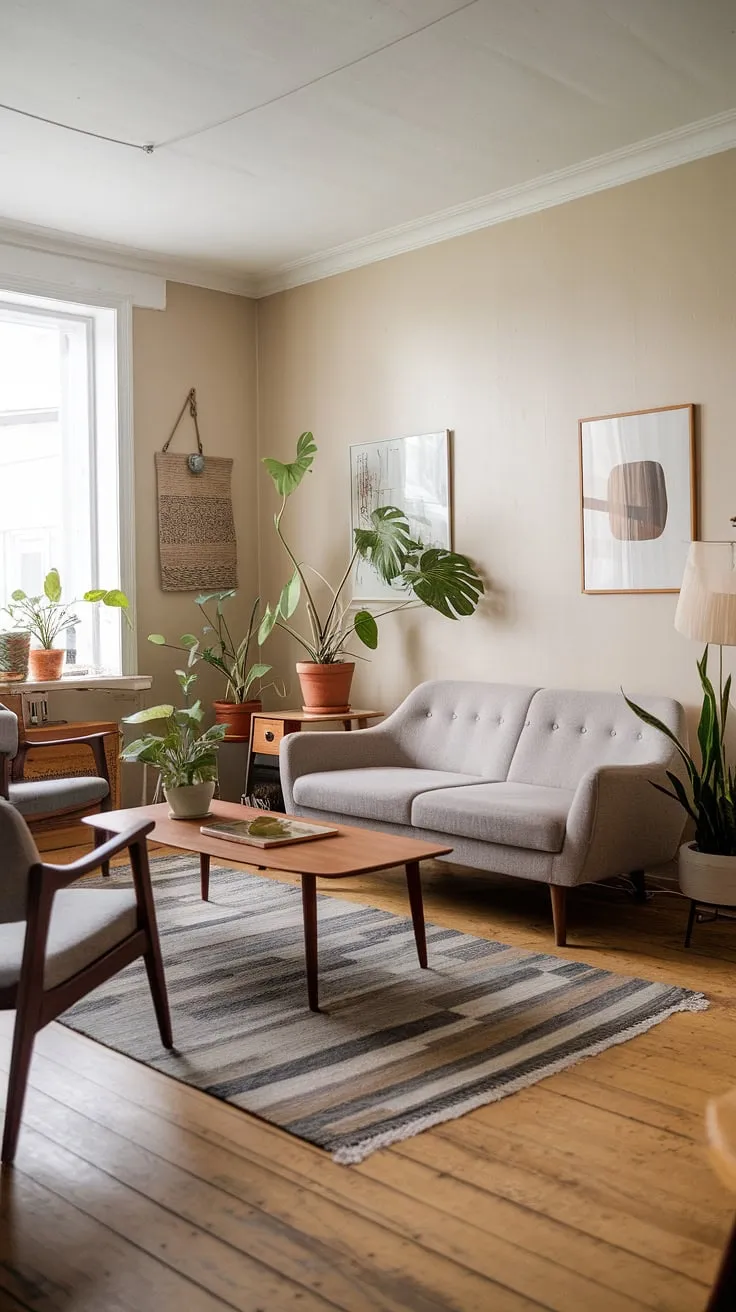 This mid-century modern living room is a study in understated sophistication. The neutral palette, punctuated by the warmth of the wood and the vibrancy of the greenery, creates a harmonious and relaxing atmosphere. The carefully curated collection of art and the comfortable seating arrangements invite conversation and relaxation. A true testament to the timeless appeal of Scandinavian design, this space is both beautiful and functional, a haven of tranquility in the heart of the home.