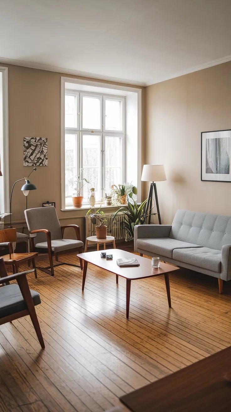 Sunlight streams through the window, illuminating the calm elegance of this mid-century Scandinavian living room. The grey sofa, wooden coffee table, and carefully chosen accessories create a space that's both stylish and incredibly inviting. A sense of quiet contentment permeates the room, a testament to the power of simple, well-considered design. This is where memories are made.