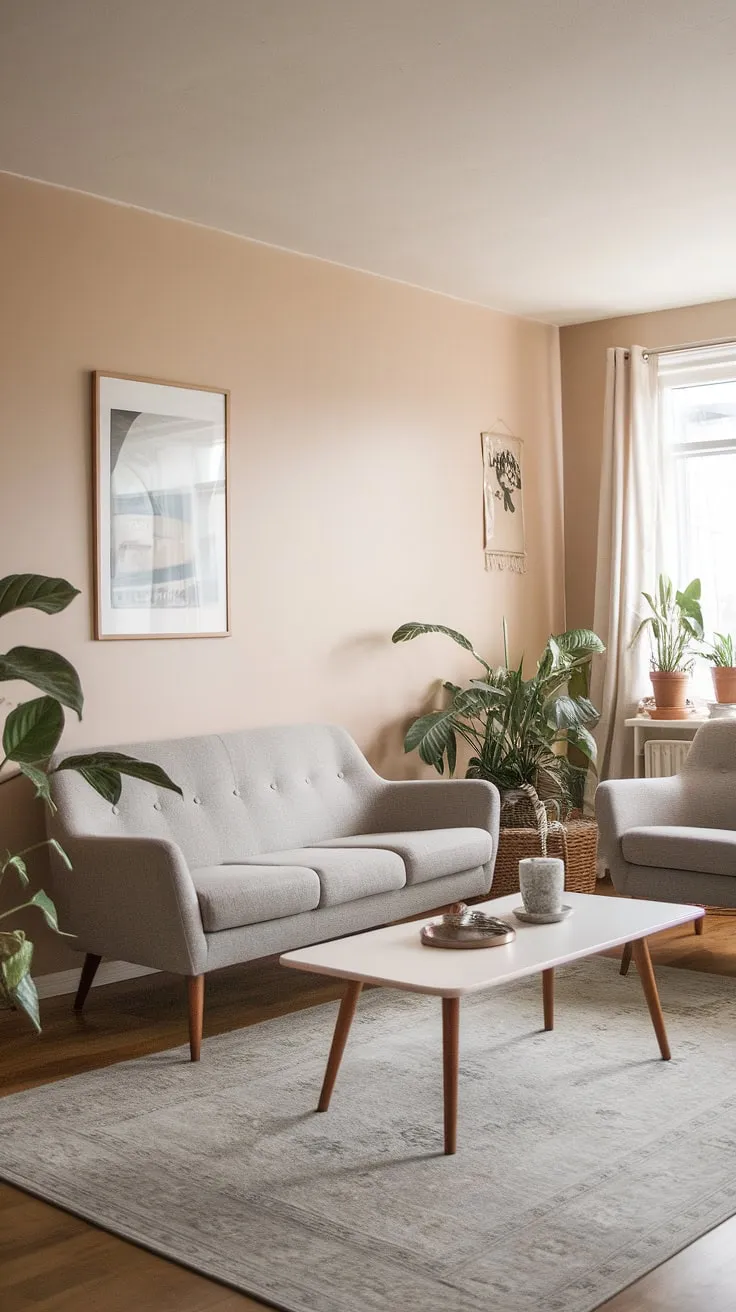 This cozy bungalow living room embodies the essence of mid-century Scandinavian style. The neutral palette, punctuated by the warmth of the wood and the soft texture of the rug, creates a space that feels both sophisticated and incredibly comfortable. A perfect haven for relaxation.