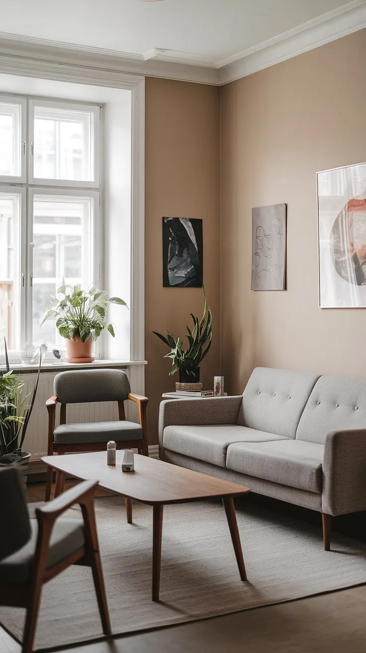 This mid-century Scandinavian living room is a masterclass in understated sophistication. The neutral palette, punctuated by the warmth of the wood and the vibrancy of the artwork, creates a harmonious and balanced space. A perfect blend of form and function, this room embodies the essence of Scandinavian design: simplicity, functionality, and natural beauty.
