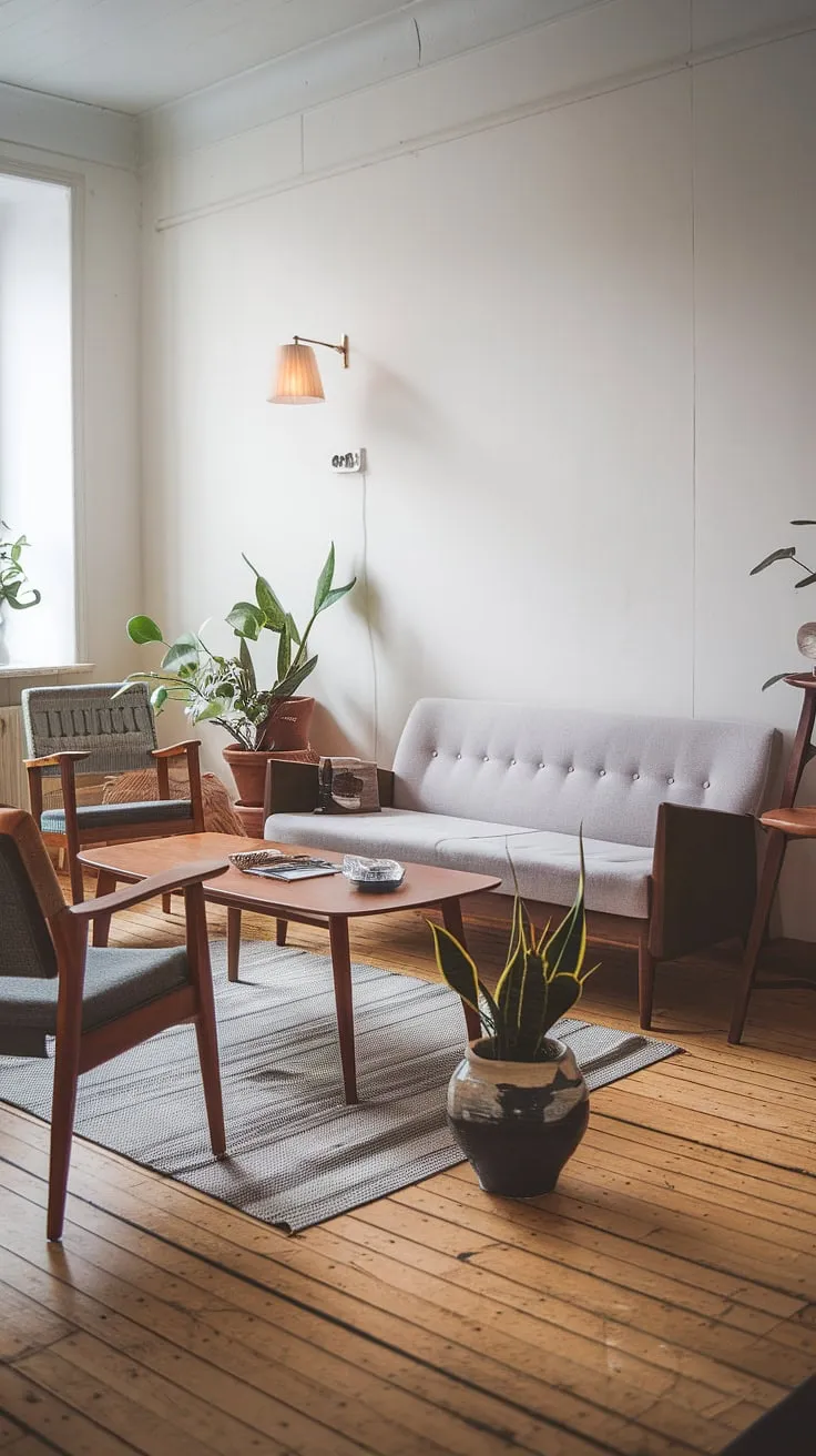 The gentle glow of the lampshade casts a warm hue across this serene Scandinavian space. A thoughtfully curated collection of objects, including a vibrant plant, creates a cozy and inviting atmosphere. A perfect example of how less can truly be more.