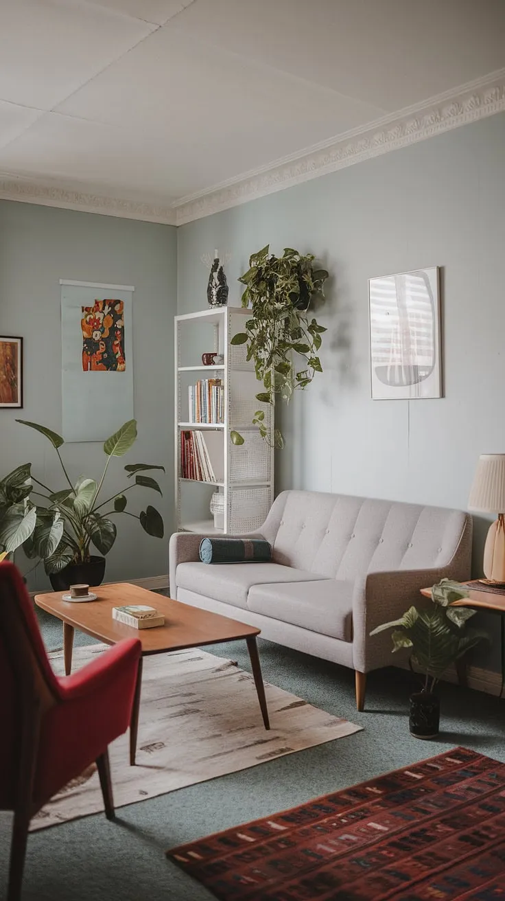 Mid-century modern meets cozy comfort. The soft blue walls, grey sofa, and pop of red create a serene yet vibrant space, perfectly complemented by the warm wood tones and carefully curated details. A testament to timeless Scandinavian design.