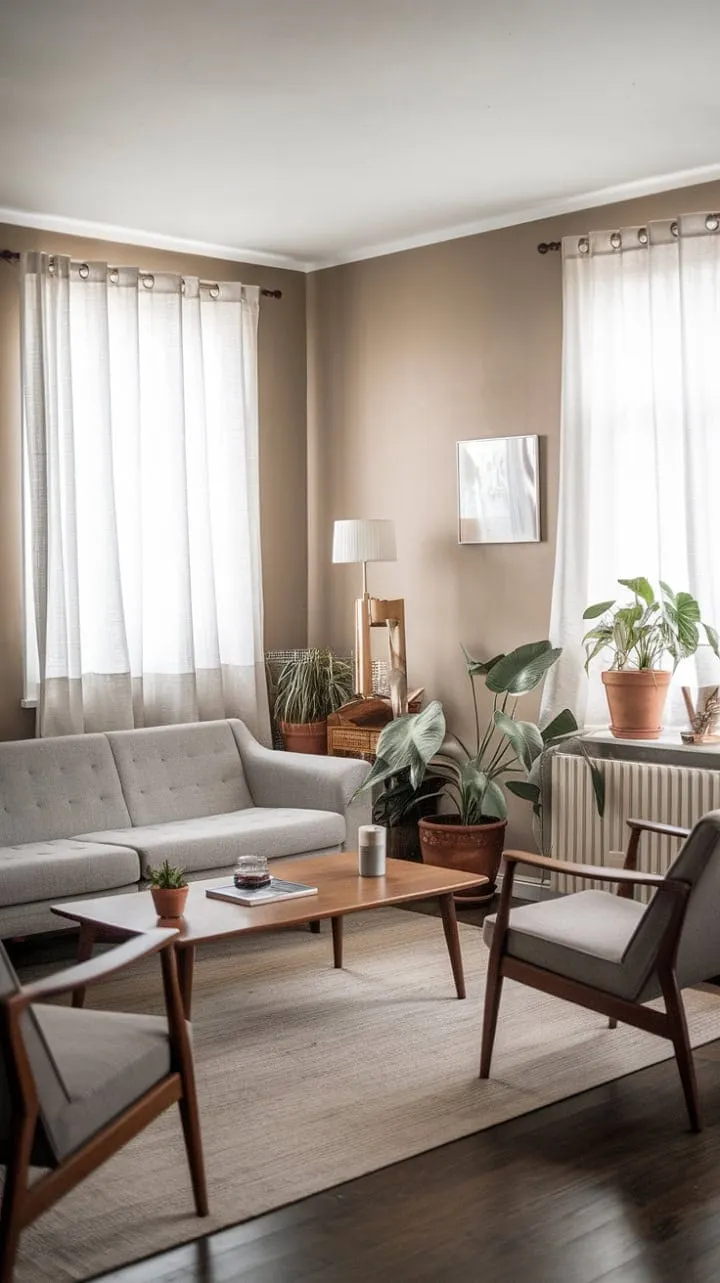 This mid-century Scandinavian living room, with its warm beige walls and inviting grey sofa, exudes a serene elegance that promises cozy evenings and cherished memories.