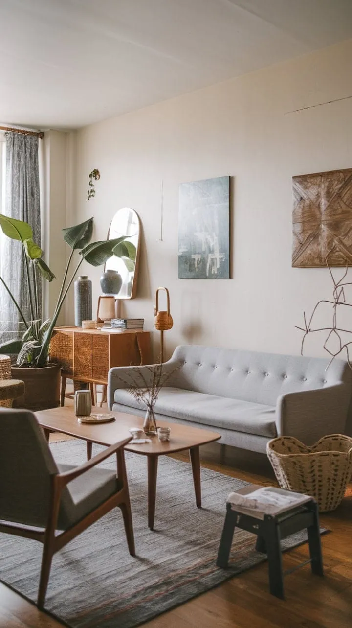 A serene Scandinavian living room blends mid-century design with natural elements, featuring a luxurious grey sofa and warm wooden accents for a tranquil retreat.