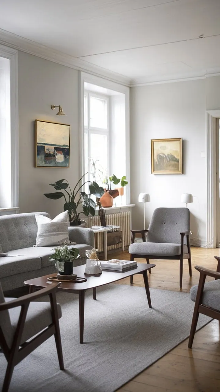 This mid-century sanctuary, bathed in natural light and adorned with muted tones, invites serene evenings of reflection and understated elegance.