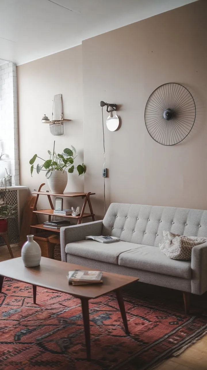 This Scandinavian-inspired living room embodies serene simplicity with its neutral palette, warm wood accents, and subtle metallic touches, creating an elegant retreat for relaxation.