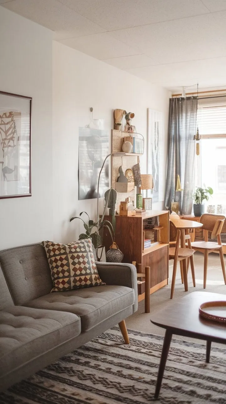 This mid-century bungalow masterfully fuses Scandinavian minimalism with modern retro warmth, creating a timeless and character-rich interior centered around a striking grey couch.