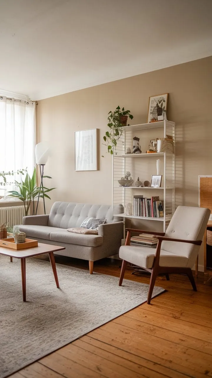 Bathed in warm, natural light, this mid-century Scandinavian living room harmoniously marries minimalist design with cozy comfort, creating a serene and timeless retreat.