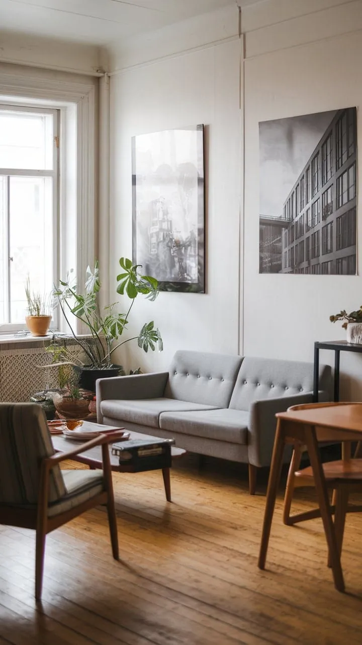 Bathed in sunlight, this Scandinavian living room radiates simple elegance, showcasing the homeowner's refined taste through its harmonious design and thoughtful details.