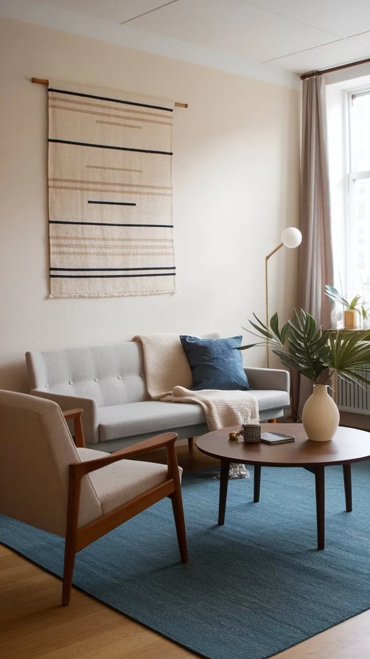 This Scandinavian-inspired living room masterfully fuses mid-century modern charm with contemporary flair, featuring a soothing palette and cozy textures that invite relaxation.
