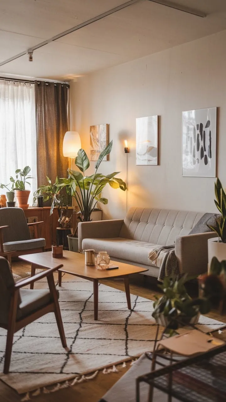This Scandinavian sanctuary exudes warmth and charm with its mid-century furniture, lush plants, and soft lighting, making it an ideal haven for both reflection and connection.