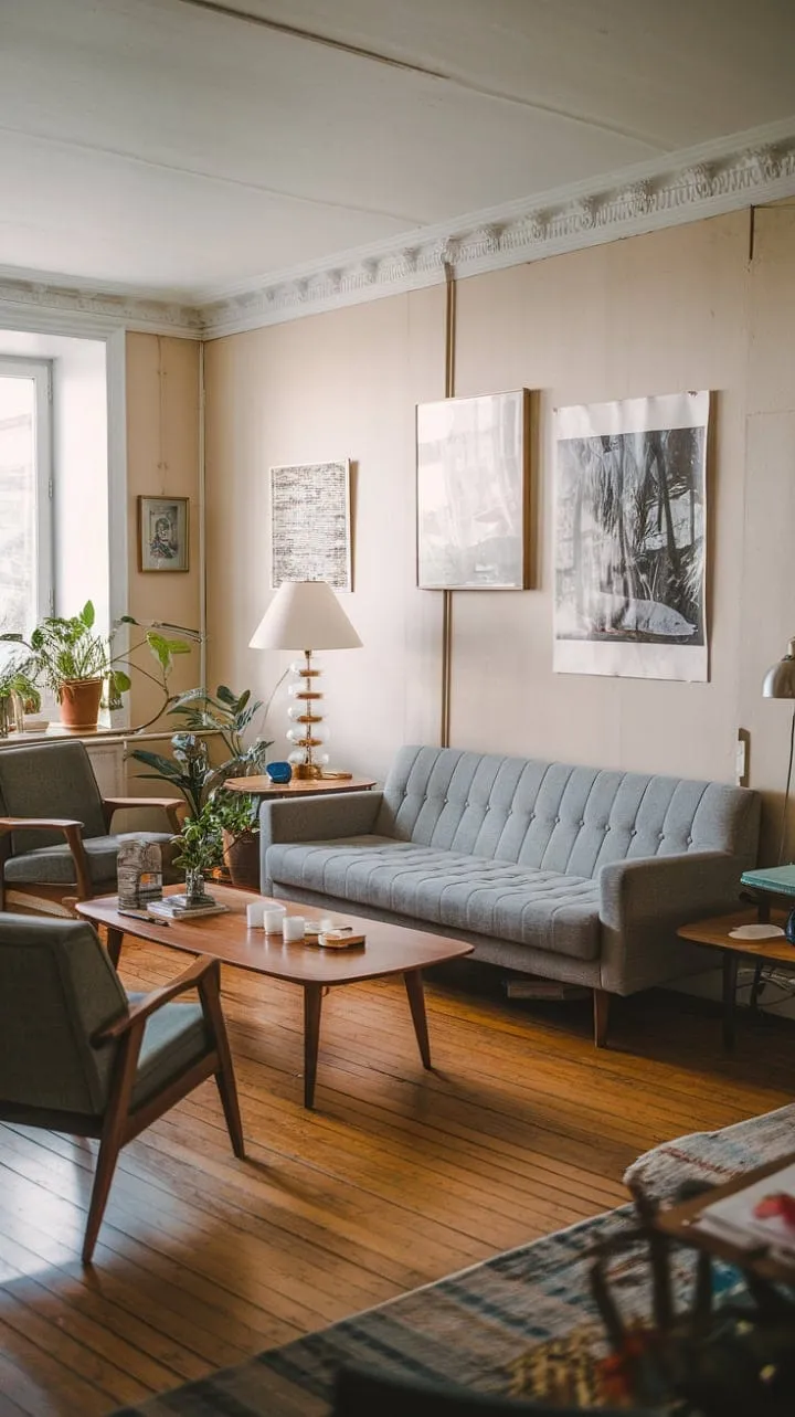 This vintage Scandinavian living room, with its warm wood tones and soft grey fabrics, radiates tranquility and timeless elegance, inviting relaxation under the gentle glow of a lamp.