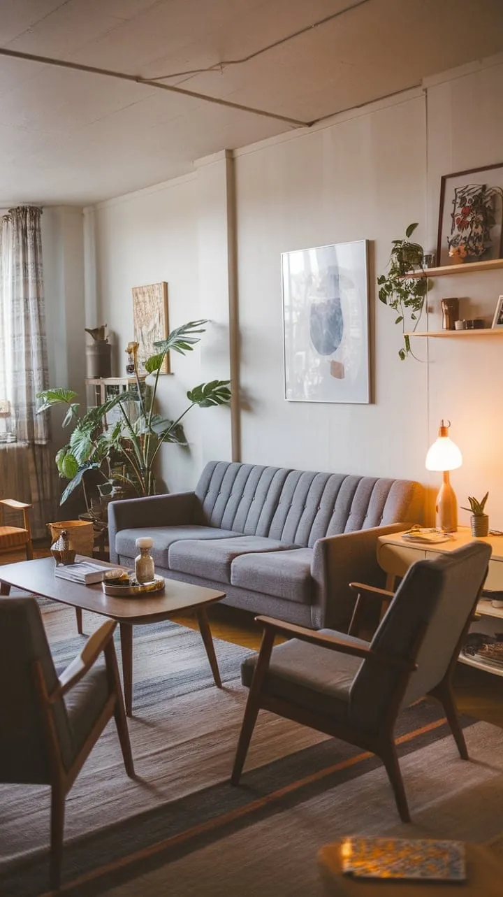 This mid-century Scandinavian living room beautifully blends warmth and simplicity, showcasing how thoughtfully selected decor and greenery can create an effortlessly stylish yet cozy retreat.