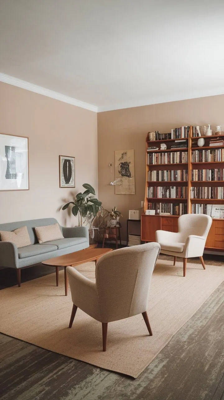 This mid-century Scandinavian sanctuary harmoniously combines warmth, serenity, and understated luxury through soft tones, rich textures, and lush greenery.