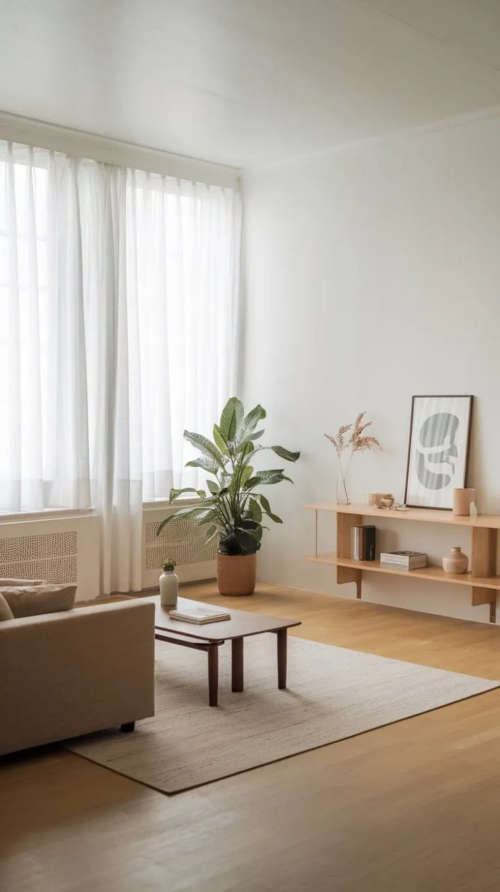 This serene one-bedroom apartment embodies mindful design with its clean lines, neutral palette, and abundant natural light, creating a tranquil minimalist retreat.