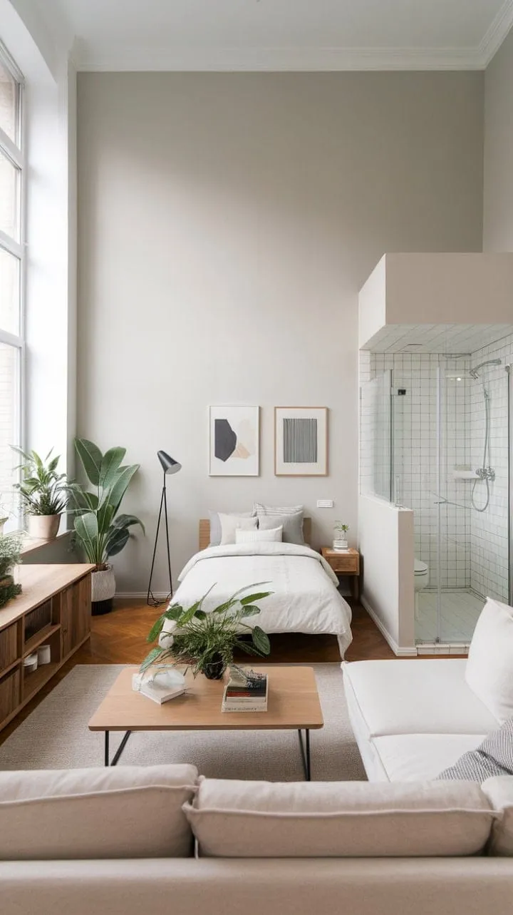 This serene one-bedroom apartment, adorned with light gray walls and wooden accents, is a sunlit minimalist haven perfect for relaxation.