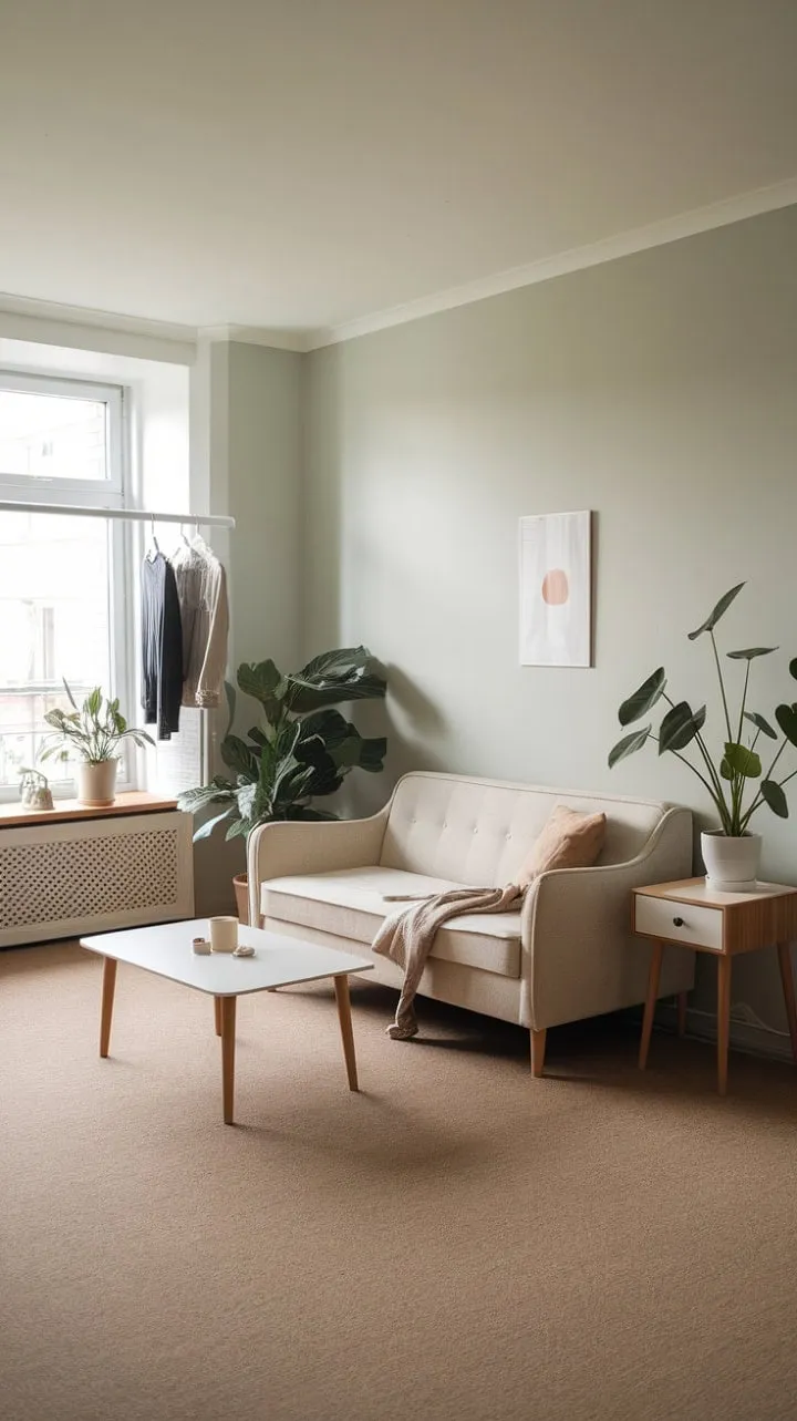 This minimalist one-bedroom apartment harmoniously combines calm neutrals with vibrant greenery, creating a serene sanctuary of comfort and elegance.