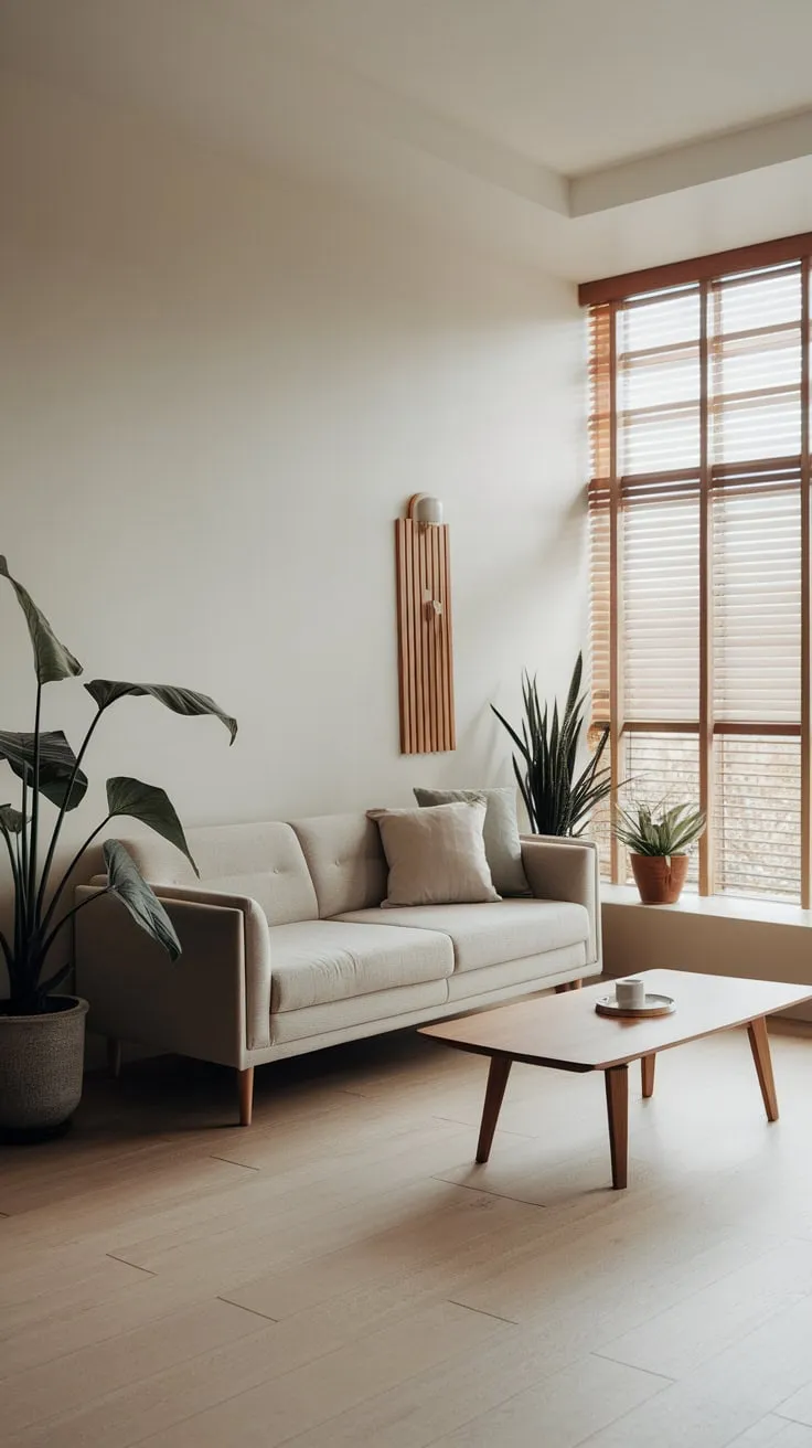 Light wood floors and a simple beige sofa create a calming, minimalist haven in this one-bedroom apartment.