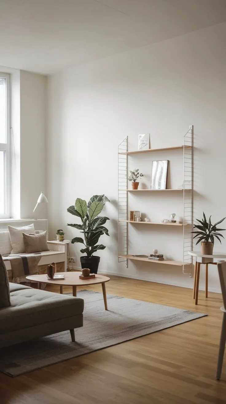 Neutral tones and carefully chosen furniture create a serene minimalist haven in this one-bedroom apartment