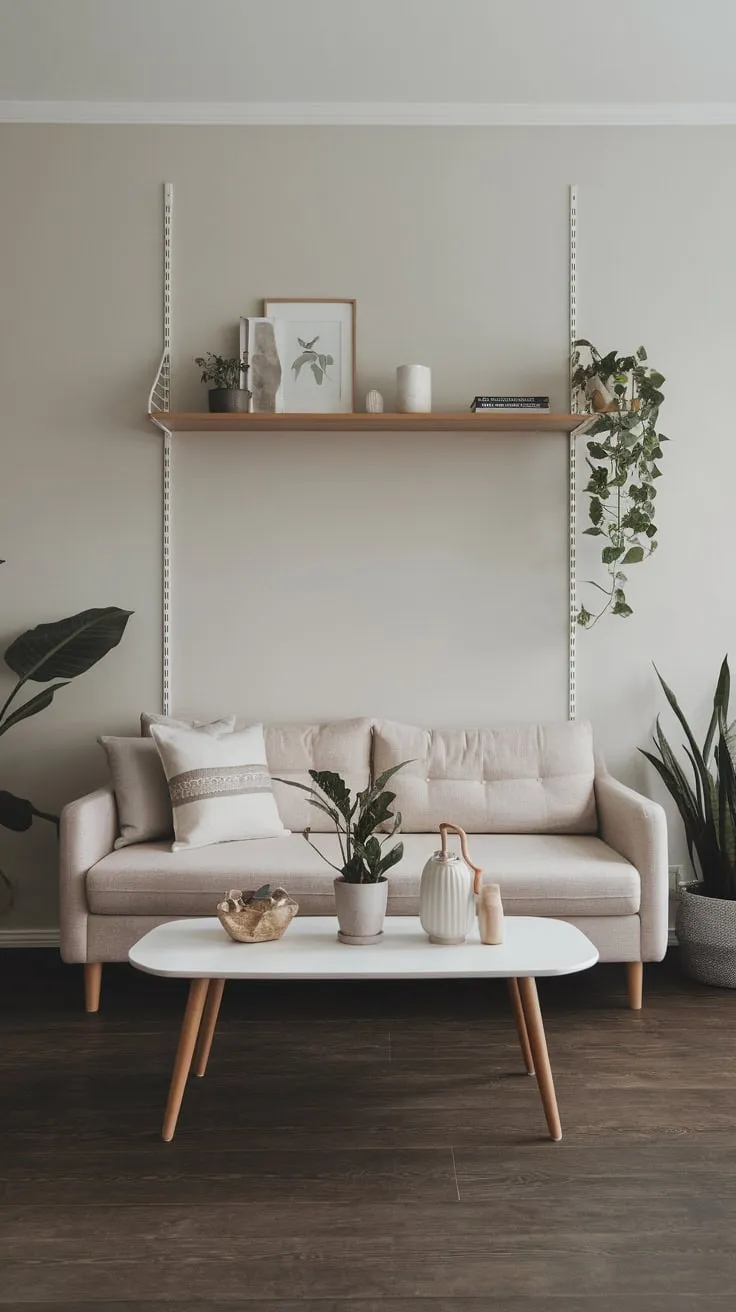Neutral tones and sparse furnishings create a serene minimalist haven in this one-bedroom apartment