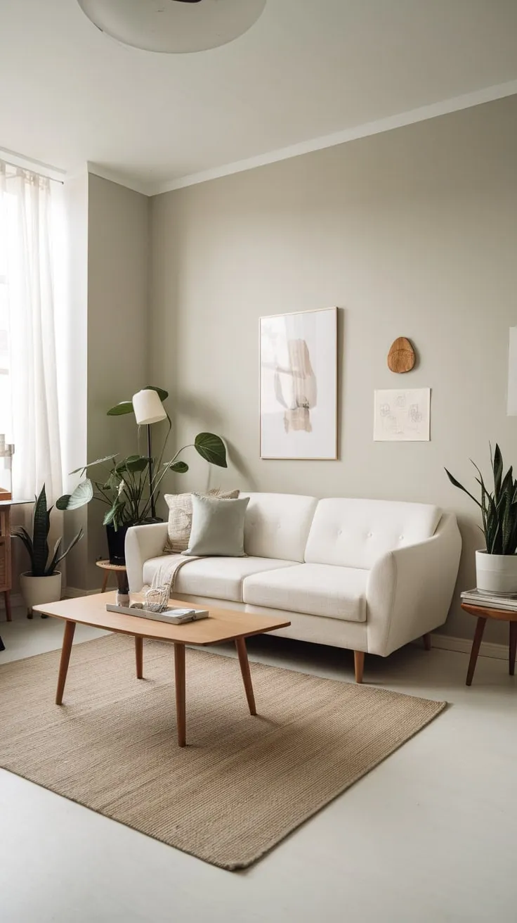 A small living room, featuring a white sofa and wooden coffee table, showcases the beauty of simple, stylish living.