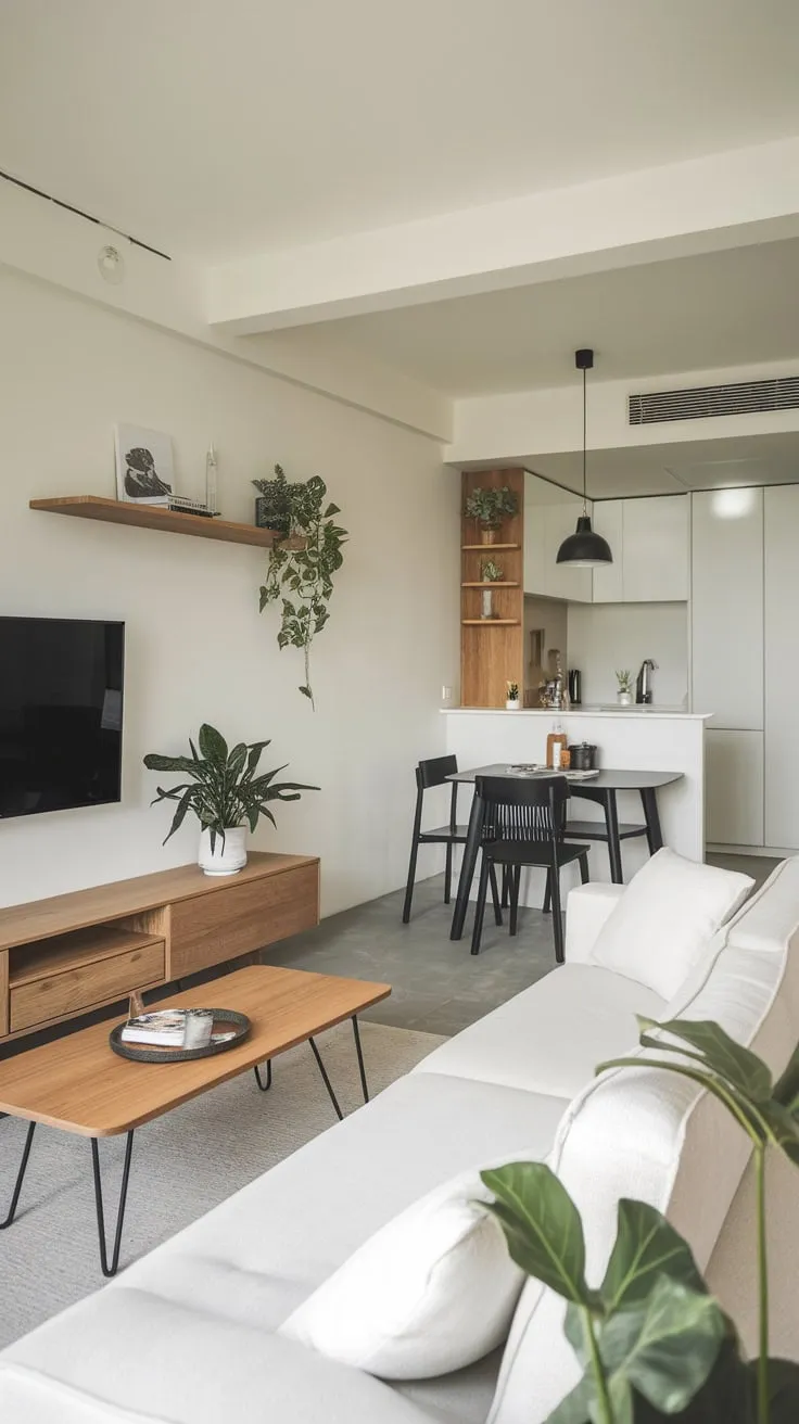 A serene minimalist apartment showcases a stylish blend of wood, white, and black accents.