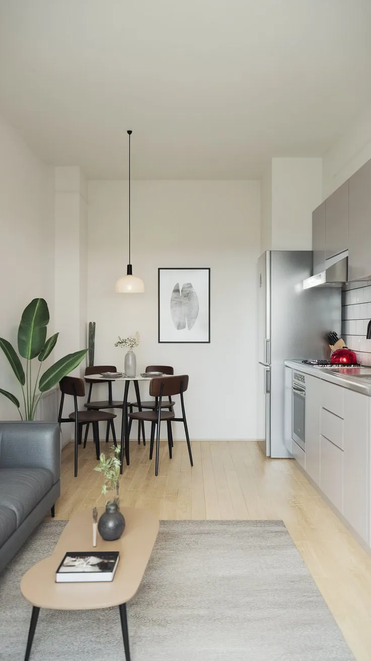 A small apartment maximizes space and style with a minimalist design featuring a cohesive living, dining, and kitchen area.