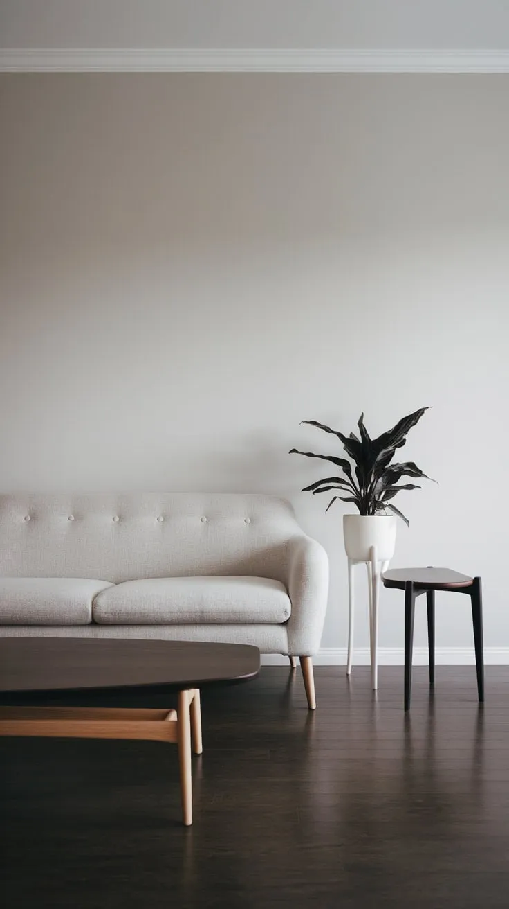 A light gray sofa, dark wood floors, and a single potted plant define the serene calm of this minimalist one-bedroom apartment.