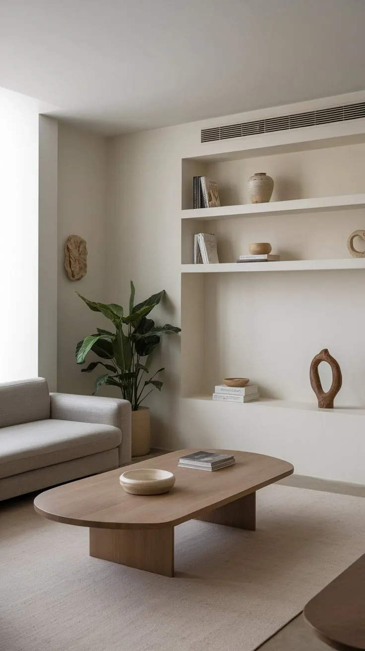 Neutral tones and carefully chosen organic modern decor create a calming minimalist haven in this one-bedroom apartment