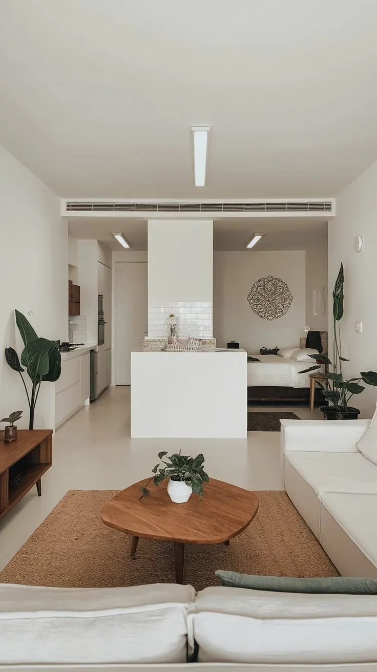 A white and wood minimalist apartment maximizes space with simple furnishings and pops of green.