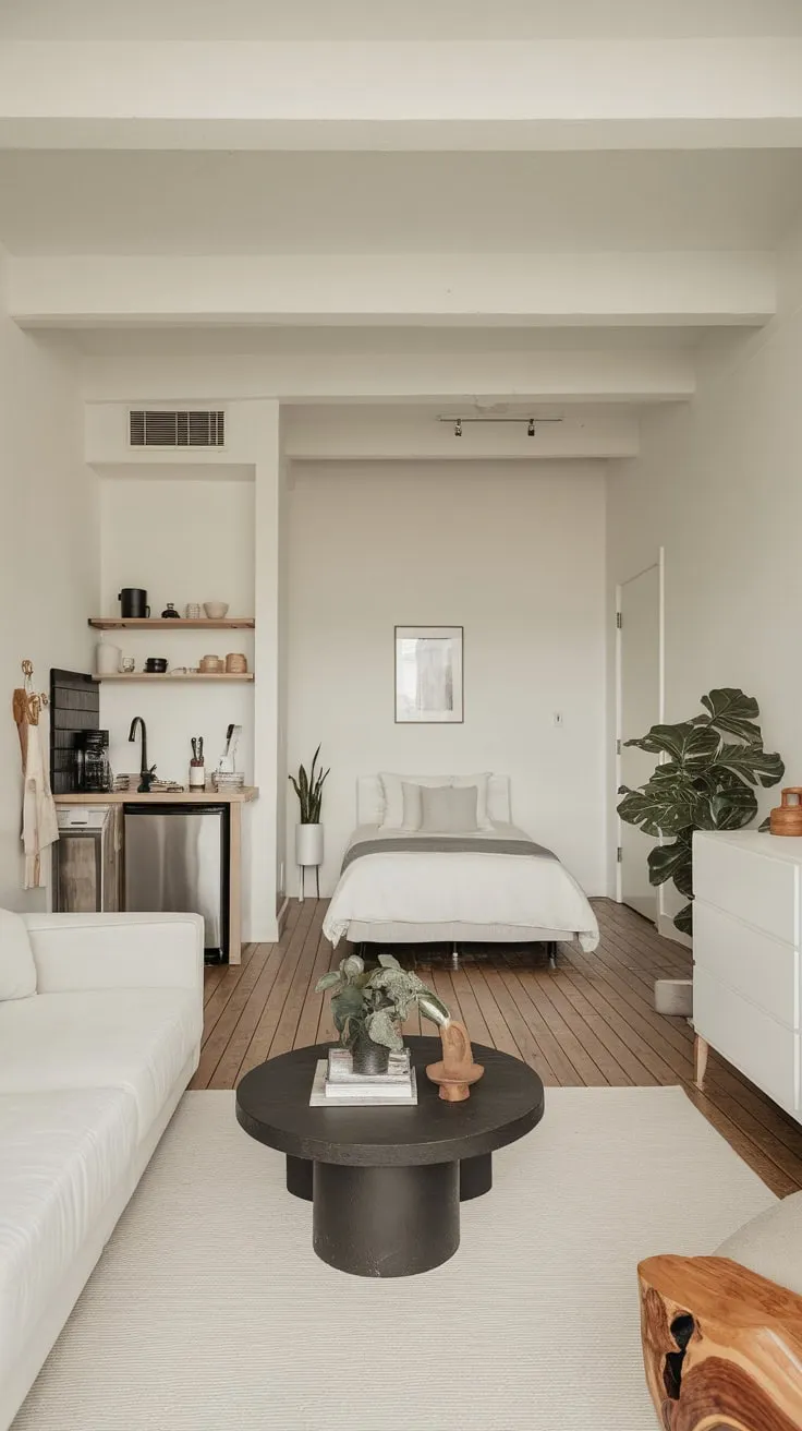 A serene minimalist apartment boasts a neutral palette, organic modern decor, and carefully curated essentials for calm living